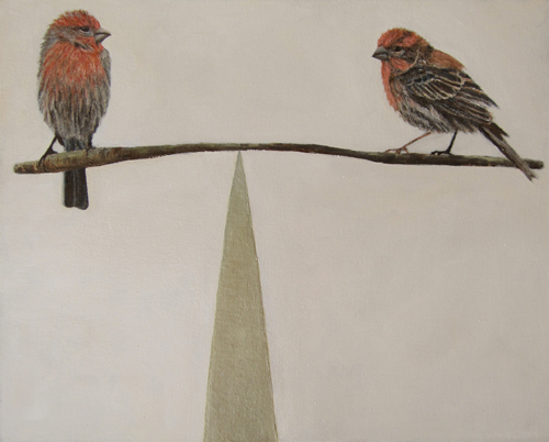 Two Finches on a balance-beam